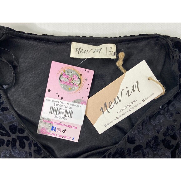 New In Collection Women Small Mini Dress Black Leopard Pattern Flow Skirt NWT - Picture 5 of 8